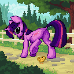 Size: 512x512 | Tagged: safe, artist:mintart, twilight sparkle, bird, pony, unicorn, g4, butt, canterlot, fence, frog (hoof), pixel art, plot, scenery, solo, tree, twibutt, underhoof, unicorn twilight