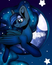 Size: 1080x1350 | Tagged: safe, alternate version, artist:tessa_key_, princess luna, alicorn, pony, g4, bedroom eyes, colored, ethereal mane, eyelashes, female, horn, looking back, mare, night, smiling, solo, starry mane, stars, wings