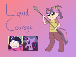 Size: 2048x1536 | Tagged: safe, artist:colorcodetheartist, derpibooru exclusive, twilight sparkle, oc, oc:liquid courage, alicorn, pony, satyr, g4, crossover, crossover shipping, interspecies offspring, offspring, osomatsu, osomatsu-san, parent:osomatsu matsuno, parent:twilight sparkle, parents:osotwi, shipping, twilight sparkle (alicorn)