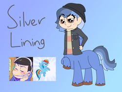 Size: 2048x1536 | Tagged: safe, artist:colorcodetheartist, derpibooru exclusive, oc, oc:silver lining, centaur, crossover, crossover shipping, osomatsu-san, parent:karamatsu matsuno, parent:rainbow dash, parents:karadash, shipping, unshorn fetlocks