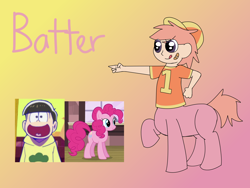 Size: 2048x1536 | Tagged: safe, artist:colorcodetheartist, oc, oc:batter, centaur, crossover, crossover shipping, interspecies offspring, offspring, osomatsu-san, parent:jyushimatsu matsuno, parent:pinkie pie, parents:jyushipie, shipping