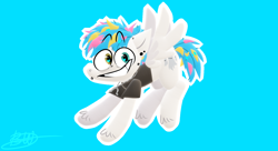 Size: 1524x828 | Tagged: safe, artist:brokenwings2811, pegasus, pony, 3d, awsten knight, blue background, clothes, commission, dyed mane, dyed tail, grin, heterochromia, horseshoes, jewelry, looking at you, male, necklace, ponified, shirt, simple background, smiling, solo, spread wings, stallion, t-shirt, waterparks, wings, ych result