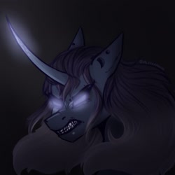 Size: 2048x2048 | Tagged: safe, artist:lunathemoongod, oc, pony, unicorn, darkness, fangs, glowing eyes, glowing horn, gradient mane, high res, horn, piercing, sketch