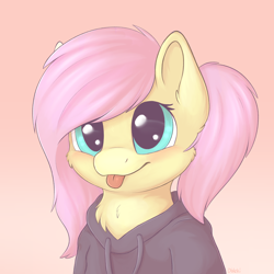 Size: 2048x2048 | Tagged: safe, artist:dbleki, fluttershy, pony, :p, alternate hairstyle, blushing, bust, cheek fluff, chest fluff, clothes, cute, daaaaaaaaaaaw, drawstrings, ear fluff, female, fluffy, fluffyball, hoodie, looking at you, portrait, redraw, shyabetes, solo, sweater, sweatershy, sweet dreams fuel, tongue out