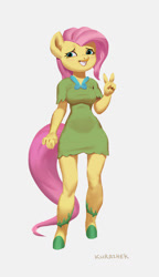 Size: 708x1230 | Tagged: safe, artist:kurazhek, fluttershy, pegasus, anthro, unguligrade anthro, g4, breasts, clothes, digital art, dress, female, looking at you, peace sign, simple background, smiling, smiling at you, solo, tail, thighs, white background, wide hips