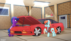 Size: 4000x2300 | Tagged: safe, artist:rivin177, oc, oc:doofs, oc:silent night, bat pony, earth pony, pony, car, cleaning, commission, fixing, garage, lamp, nissan 240sx, repair