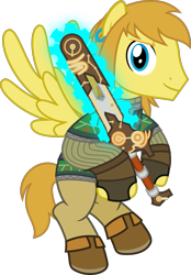 Size: 1387x1995 | Tagged: safe, artist:sketchmcreations, pegasus, pony, chainsaw, clothes, flying, link, looking at you, male, ponified, simple background, smiling, solo, stallion, the legend of zelda, the legend of zelda: breath of the wild, transparent background, vector
