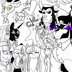 Size: 3000x3000 | Tagged: safe, artist:gingygin, discord, flam, flim, king sombra, lord tirek, nightmare moon, queen chrysalis, starlight glimmer, stygian, trixie, twilight sparkle, alicorn, centaur, changeling, changeling queen, draconequus, pony, unicorn, series:villain cafe, g4, bowtie, female, flim flam brothers, high res, horn, horn ring, magic suppression, male, mare, monochrome, partial color, ring, s5 starlight, shackles, simple background, stallion, tongue out, twilight sparkle (alicorn), white background