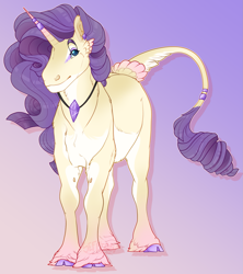 Size: 1595x1800 | Tagged: safe, artist:seffiron, oc, oc only, pony, unicorn, cloven hooves, female, magical lesbian spawn, mare, offspring, parent:fluttershy, parent:rarity, parents:flarity, solo, tail feathers