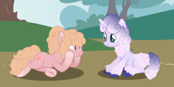 Size: 1280x640 | Tagged: safe, artist:katelynleeann42, oc, oc:lavender puff, oc:pillow fight, earth pony, pony, unicorn, female, lying down, mare, prone