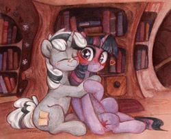 Size: 1920x1570 | Tagged: safe, artist:jewellier, twilight sparkle, oc, oc:badluck dice, pony, unicorn, g4, blushing, book, bookshelf, canon x oc, cyoa, embarrassed, female, golden oaks library, heart, hooves, horn, hug, library, mare, pair, patch, prpg, shipping, sitting, traditional art, unicorn twilight