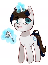 Size: 1500x2001 | Tagged: safe, artist:ekot, oc, oc only, oc:heart void, pony, unicorn, chibi, food, glowing horn, horn, knife, magic, male, oda 997, potato, simple background, solo, stallion, telekinesis