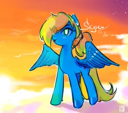 Size: 2000x1768 | Tagged: safe, artist:ekot, oc, oc only, oc:skyrex, pegasus, pony, cloud, dawn, female, mare, oda 997, simple background, solo, wings