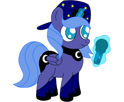 Size: 1489x1232 | Tagged: safe, artist:theunidentifiedchangeling, princess luna, oc, oc:woon64, alicorn, pony, g4, cap, closed mouth, eyes open, female, filly, friday night funkin', hat, horn, levitation, looking at something, magic, microphone, simple background, solo, standing, stars, telekinesis, transparent background, wings, woona, younger