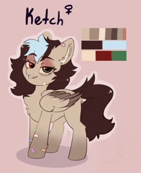 Size: 1330x1620 | Tagged: safe, artist:kebchach, oc, oc only, oc:keetch, pegasus, pony, bandage, fangs, lidded eyes, looking at you, reference sheet, smiling, solo