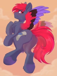 Size: 768x1024 | Tagged: safe, artist:kebchach, oc, oc only, pegasus, pony, butt, chest fluff, explicit source, looking at you, looking back, plot, smiling, solo, spread wings, underhoof, wings