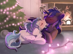 Size: 2048x1536 | Tagged: safe, artist:kebchach, princess luna, oc, oc only, oc:lesa castle, alicorn, pegasus, pony, blushing, chest fluff, christmas, christmas tree, cuddling, eyes closed, female, fireplace, holiday, horn, kissing, male, mare, prince artemis, red face, rule 63, stallion, straight, tail, tree