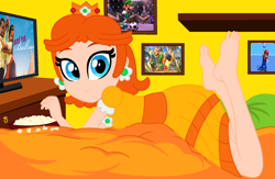 Size: 1832x1193 | Tagged: safe, artist:noreentheartist, artist:user15432, birdo, human, equestria girls, g4, arms (video game), barefoot, barely eqg related, base used, bedroom, blanket, clothes, crossover, crown, dancing, dress, ear piercing, earring, equestria girls style, equestria girls-ified, feet, food, football, irl, irl human, jewelry, looking at you, luigi, male, mario, mario bros., mario strikers, mario tennis, mario tennis ultra smash, min min, movie, new york, new york city, nintendo, photo, piercing, pillow, popcorn, princess daisy, regalia, solo, sports, super mario bros., super mario strikers, super smash bros., super smash bros. ultimate, television, tennis, tennis racket, yellow dress
