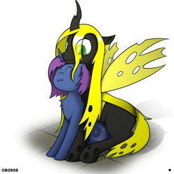 Size: 3000x3000 | Tagged: source needed, safe, artist:ob2908, oc, oc only, oc:glare moon, oc:zalolza, changeling, changeling queen, pony, unicorn, :3, duo, eye clipping through hair, female, high res, shipping, sitting, yellow changeling