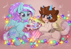 Size: 1920x1321 | Tagged: safe, artist:kebchach, oc, oc only, pegasus, pony, bow, candy, candy cane, chest fluff, choker, christmas, christmas lights, food, holiday, horns, present, smiling, underhoof
