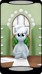 Size: 1500x2591 | Tagged: safe, artist:sixes&sevens, part of a set, silver spoon, g4, chair, crossed hooves, desk, filing cabinet, glasses, minor arcana, nine of coins, office, older, older silver spoon, paperwork, tarot card, window