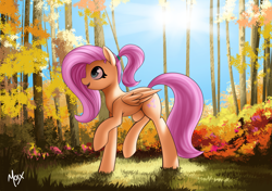 Size: 4299x3035 | Tagged: safe, artist:supermoix, fluttershy, pegasus, pony, g4, cute, female, folded wings, forest, happy, high res, looking up, mare, open mouth, ponytail, raised hoof, raised leg, scenery, shyabetes, smiling, solo, wings