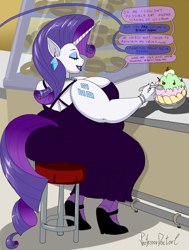 Size: 800x1057 | Tagged: safe, artist:professordoctorc, rarity, unicorn, anthro, unguligrade anthro, g4, alternative cutie mark placement, bbw, big breasts, bingo wings, breasts, busty rarity, clothes, denial, dialogue, dress, ear piercing, earring, fat, female, food, huge breasts, ice cream, implied tail hole, jewelry, piercing, raritubby, shoulder cutie mark, ssbbw, the ass was fat