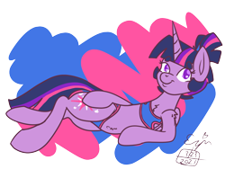 Size: 1600x1200 | Tagged: safe, artist:erynerikard, twilight sparkle, alicorn, pony, g4, alternate hairstyle, belly button, bikini, clothes, digital art, lying down, simple background, smiling, solo, swimsuit, transparent background, twilight sparkle (alicorn)