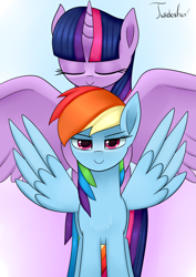 Size: 2480x3507 | Tagged: safe, artist:twidasher, rainbow dash, twilight sparkle, alicorn, pegasus, pony, g4, chest fluff, duo, eyes closed, female, gradient background, height difference, high res, lesbian, looking at you, ship:twidash, shipping, signature, size difference, spread wings, twilight sparkle (alicorn), wings