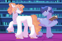 Size: 1280x854 | Tagged: safe, artist:itstechtock, oc, oc only, oc:blue moon, oc:calliope, changepony, hybrid, pony, book, magical gay spawn, male, offspring, parent:flash sentry, parent:prince blueblood, parent:star tracker, parent:thorax, stallion