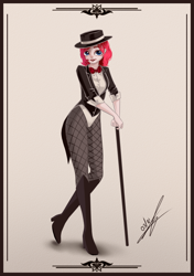 Size: 1200x1700 | Tagged: safe, artist:thatdreamerarts, pinkie pie, human, g4, beautiful, boots, bowtie, clothes, cute, diapinkes, female, fishnet stockings, hat, high heel boots, humanized, leotard, shoes, solo, tuxedo, woman