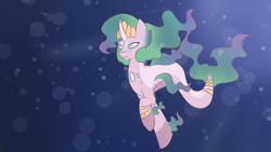 Size: 1920x1080 | Tagged: safe, artist:kenzieva, oc, oc only, pony, seapony (g4), unicorn, blue eyes, bubble, crepuscular rays, crown, dorsal fin, female, fish tail, flowing mane, flowing tail, horn, jewelry, ocean, regalia, seaponified, smiling, solo, species swap, swimming, tail, underwater, water