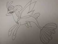 Size: 1040x780 | Tagged: safe, artist:princesslunka10, oc, oc only, oc:yumo, seapony (g4), commission, crown, dorsal fin, eyelashes, female, fins, fish tail, flowing tail, jewelry, necklace, pearl necklace, regalia, simple background, sketch, smiling, solo, swimming, tail, wings