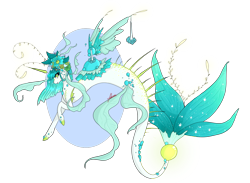 Size: 1280x939 | Tagged: safe, artist:niniibear, oc, oc only, hybrid, pegasus, pony, seapony (g4), bioluminescent, dorsal fin, eyelashes, female, fins, fish tail, flower, flowing mane, flowing tail, glowing, green eyes, open mouth, seaponified, signature, simple background, solo, species swap, tail, transparent background, wings