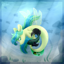 Size: 2000x2000 | Tagged: safe, artist:olyanna, oc, oc only, fish, pegasus, pony, seapony (g4), bubble, commission, crepuscular rays, dorsal fin, fins, fish tail, flowing mane, flowing tail, green eyes, high res, horn, ocean, rock, seaponified, seaweed, smiling, solo, species swap, sunlight, swimming, tail, underwater, water, wings