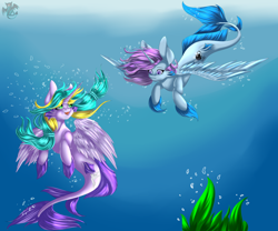 Size: 3000x2500 | Tagged: safe, artist:noodlenyan, oc, oc only, alicorn, pony, seapony (g4), bubble, commission, crepuscular rays, dorsal fin, female, fins, fish tail, flowing mane, flowing tail, green eyes, high res, horn, looking at each other, ocean, open mouth, purple eyes, seaponified, seaweed, smiling, species swap, swimming, tail, underwater, water, wings