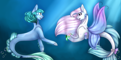 Size: 2132x1060 | Tagged: safe, artist:ladyfok, oc, oc only, pony, seapony (g4), bubble, commission, crepuscular rays, dorsal fin, female, fins, fish tail, flower, flowing mane, flowing tail, looking at each other, ocean, open mouth, purple eyes, seaponified, smiling, species swap, sunlight, swimming, tail, underwater, water, wings