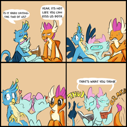 Size: 2400x2400 | Tagged: safe, artist:skunkstripe, gallus, ocellus, smolder, changedling, changeling, dragon, griffon, g4, bisexual, bisexual female, comic, dialogue, dumb yung-six comics, faint, female, heart, high res, kissing, lesbian, lesbian in front of boys, male, multiple heads, polyamory, ship:luslus, ship:smolcellus, shipping, speech bubble, straight, two heads
