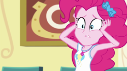 Size: 1280x720 | Tagged: safe, screencap, pinkie pie, best trends forever, equestria girls, equestria girls series, g4, armpits, best trends forever: pinkie pie, clothes, cutie mark, cutie mark on clothes, female, geode of sugar bombs, jewelry, magical geodes, necklace, shocked, solo, tank top