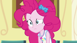 Size: 1280x720 | Tagged: safe, screencap, pinkie pie, best trends forever, equestria girls, equestria girls series, g4, aww man, best trends forever: pinkie pie, clothes, cute, cutie mark, cutie mark on clothes, diapinkes, disappointed, female, geode of sugar bombs, jewelry, magical geodes, necklace, sad, sadorable, solo, tank top