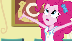 Size: 1280x720 | Tagged: safe, screencap, pinkie pie, best trends forever, equestria girls, equestria girls series, g4, best trends forever: pinkie pie, clothes, cute, cutie mark, cutie mark on clothes, daaaaaaaaaaaw, diapinkes, female, geode of sugar bombs, jewelry, looking up, magical geodes, necklace, sad, sadorable, solo, tank top