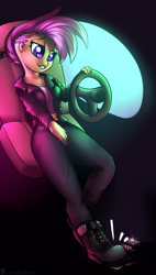 Size: 1479x2608 | Tagged: safe, artist:cornelia_nelson, scootaloo, equestria girls, g4, boots, car, clothes, driving, jacket, leather jacket, older, older scootaloo, pedal, pedal pump, punk, shoes, smiling
