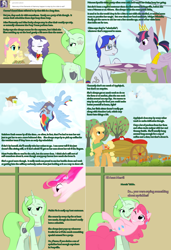 Size: 1802x2638 | Tagged: safe, artist:askmerriweatherauthor, applejack, fluttershy, pinkie pie, rainbow dash, rarity, twilight sparkle, oc, oc:merriweather, oc:widget whatsits, alicorn, pony, unicorn, ask merriweather, g4, book, cart, glasses, mane six, twilight sparkle (alicorn)