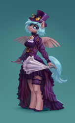 Size: 2220x3626 | Tagged: safe, artist:lunnita_pony, oc, oc only, pegasus, anthro, unguligrade anthro, belt, brooch, clothes, dress, garter, glasses, hat, high res, jewelry, simple background, smiling, solo, steampunk, umbrella