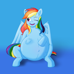 Size: 1833x1839 | Tagged: safe, artist:parturient, derpibooru exclusive, rainbow dash, pegasus, pony, g4, belly, belly button, big belly, female, happy, hoof on belly, huge belly, kicking, mare, momma dash, one eye closed, outie belly button, preggo dash, pregnant, simple background, sitting, wink