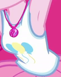 Size: 1920x2430 | Tagged: safe, screencap, pinkie pie, human, equestria girls, equestria girls series, g4, rollercoaster of friendship, armpits, boobshot, breasts, clothes, cropped, cutie mark, cutie mark on clothes, female, geode of sugar bombs, jewelry, magical geodes, necklace, pictures of chests, solo, tank top