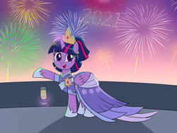 Size: 1600x1200 | Tagged: safe, artist:mew-me, edit, twilight sparkle, alicorn, pony, the last problem, 2021, alternate hairstyle, champagne glass, clothes, coronation dress, crown, cute, dress, ear piercing, earring, fireworks, glowing horn, happy, happy new year, holiday, hoof shoes, horn, jewelry, looking at you, magic, open mouth, piercing, regalia, second coronation dress, smiling, solo, telekinesis, twiabetes, twilight sparkle (alicorn)