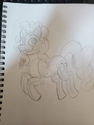 Size: 3024x4032 | Tagged: safe, artist:jay_wackal, pinkie pie, earth pony, pony, g4, :p, jumping, pencil, pinkie being pinkie, sketch, solo, tongue out, traditional art, wip