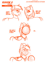 Size: 960x1326 | Tagged: safe, artist:jcosneverexisted, clear sky, quibble pants, rainbow dash, pony, common ground, g4, angry, ball, cartoon physics, description is relevant, dialogue, female, male, rainbow dash is not amused, season 9 doodles, slapstick, text, unamused, whistle