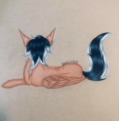 Size: 3024x3082 | Tagged: safe, artist:itz_cy_cyan, oc, oc only, oc:hearty felt, pegasus, pony, from behind, high res, lying down, signature, solo, traditional art